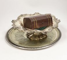 An Old Sheffield plate bowl, five cased napkin rings, and two salvers, largest 38cm diameter