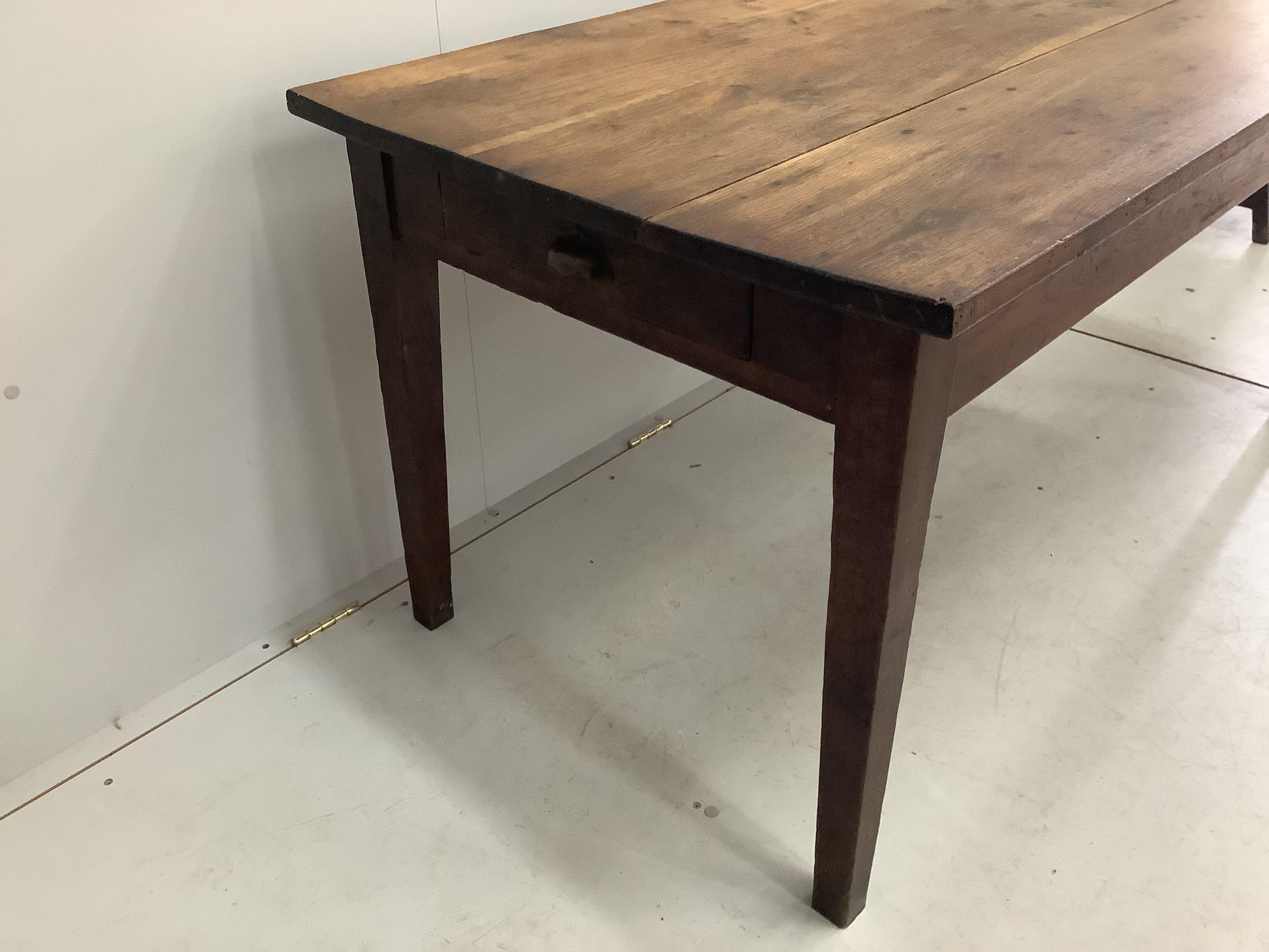 A 19th century French rectangular oak kitchen table, width 150cm, depth 79cm, height 73cm - Image 2 of 3