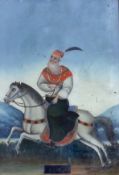 19th century Indian School, reverse glass painted panel, Rider on horseback, 49 x 33cm