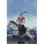 19th century Indian School, reverse glass painted panel, Rider on horseback, 49 x 33cm