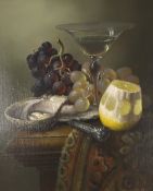 Brian Davies (1942-2014), 17th century Dutch style oil on canvas, Still life of grapes and