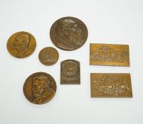 Seven bronze medallions, including awards and commemorative pieces; A.H. Johnson, Henri Cangardel,