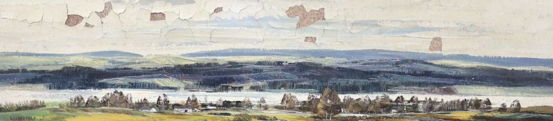 Michael Barnfather (1934-), oil on board, View over the Severn, signed and dated '67, 14 x 60cm,