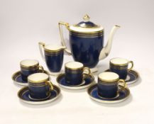 A Mintons powder blue part coffee set comprising six cans and saucers, coffee pot and milk jug