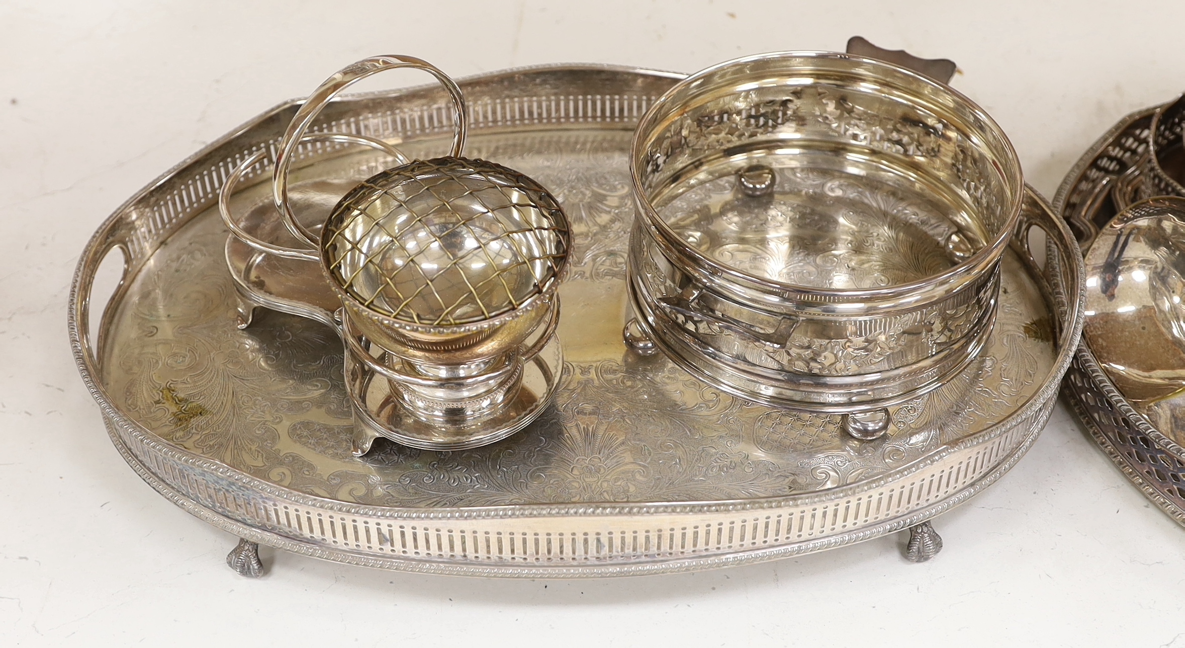 A quantity of silver plate including two trays with pierced galleries, a wine coaster, condiment - Image 2 of 4