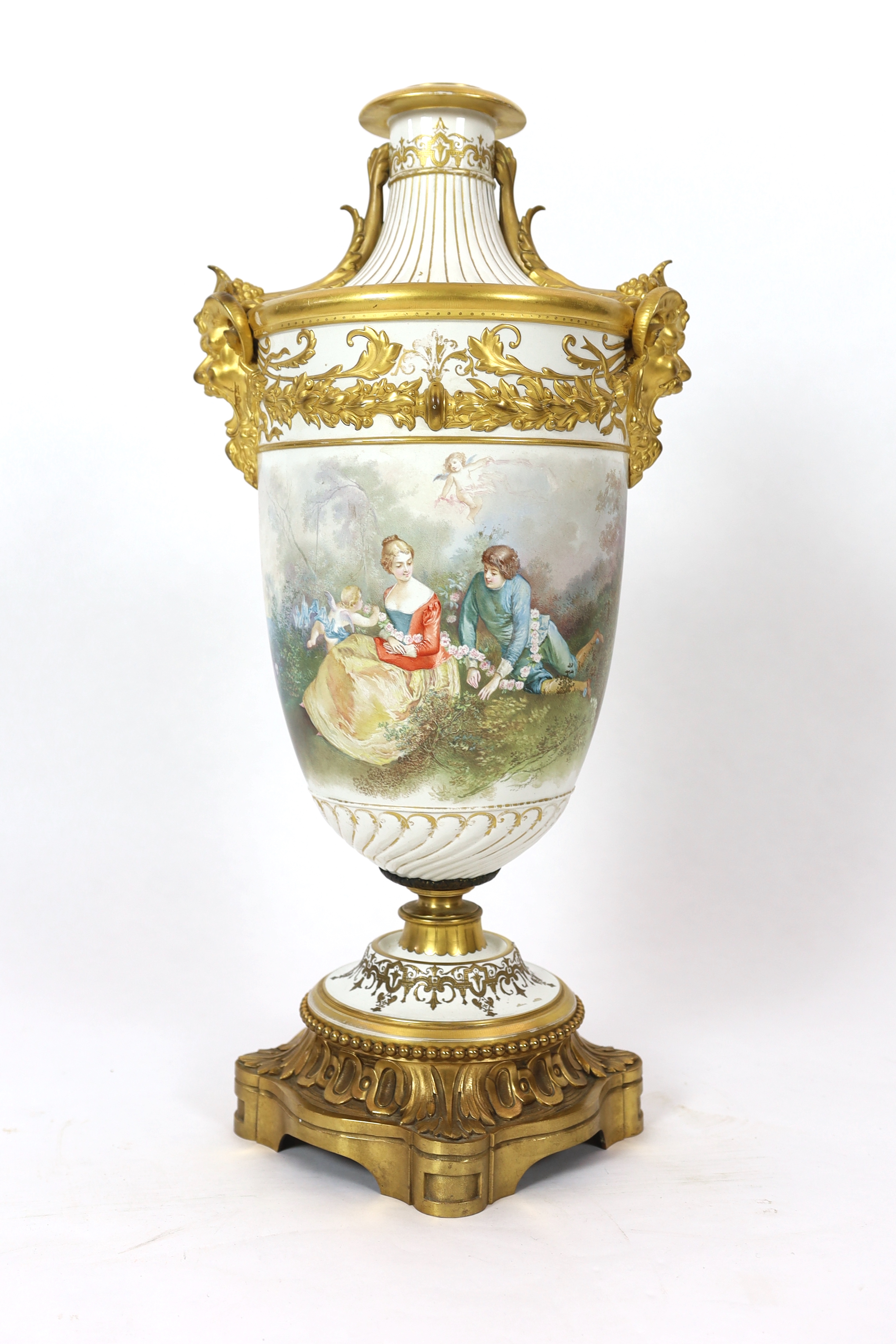 A large French porcelain and ormolu mounted vase, late 19th century, painted with courting couples - Image 2 of 6