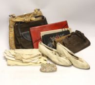 A pair of ladies Edwardian cream silk shoes, a snakeskin handbag, a 1940's clutch bag, etc.