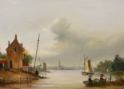 Mike Jeffries (20th. C) oil on board, Dutch canal scene with fishing boats, signed, 29 x 39cm,