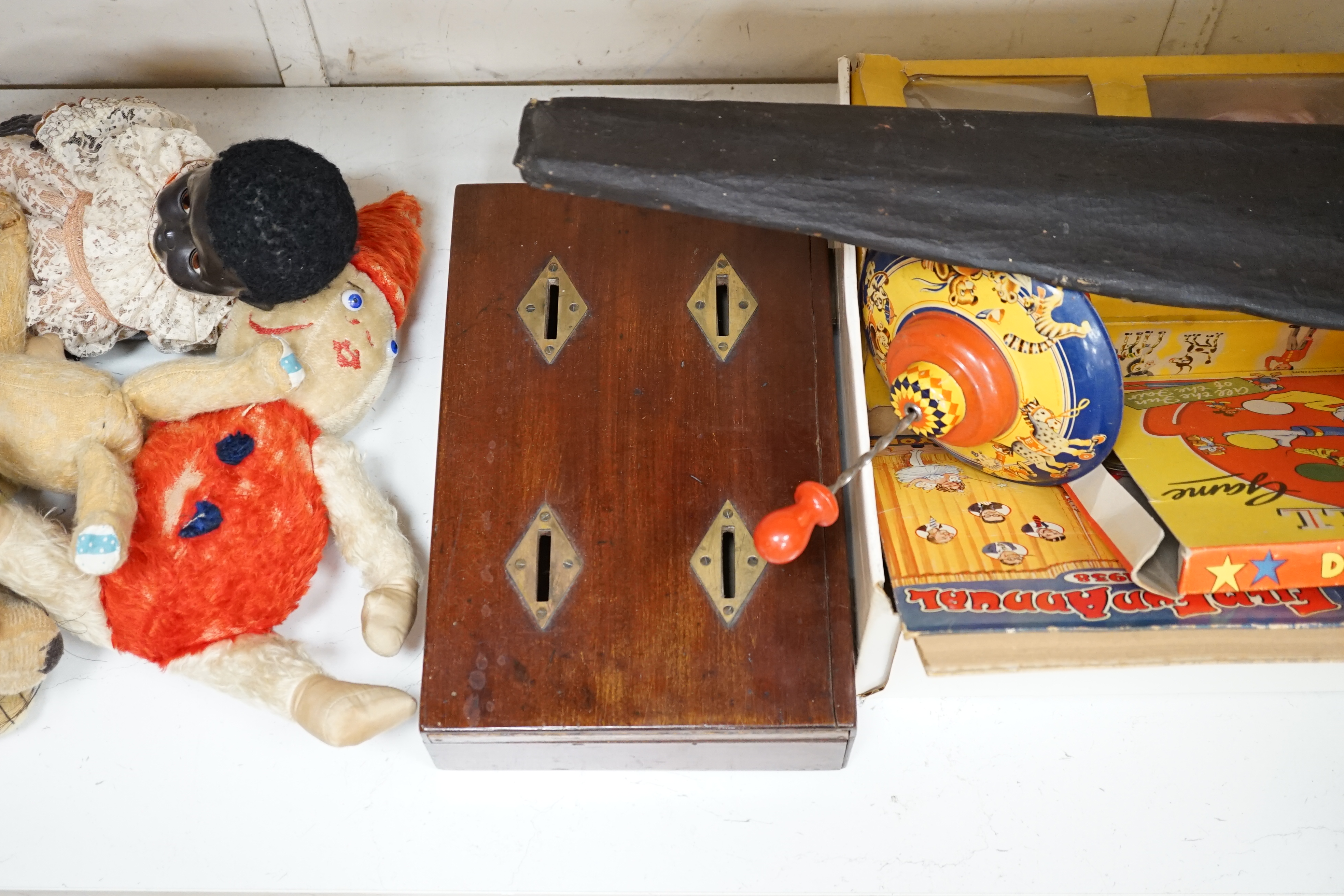 An early 20th century cased Bussey’s Hawk kite, a black walkie talkie doll, a four slot money box, - Image 6 of 8