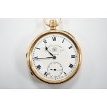 A 9ct gold open face pocket watch by Thomas Russell & Sons of Liverpool, with Roman dial, gross
