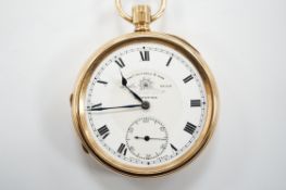 A 9ct gold open face pocket watch by Thomas Russell & Sons of Liverpool, with Roman dial, gross