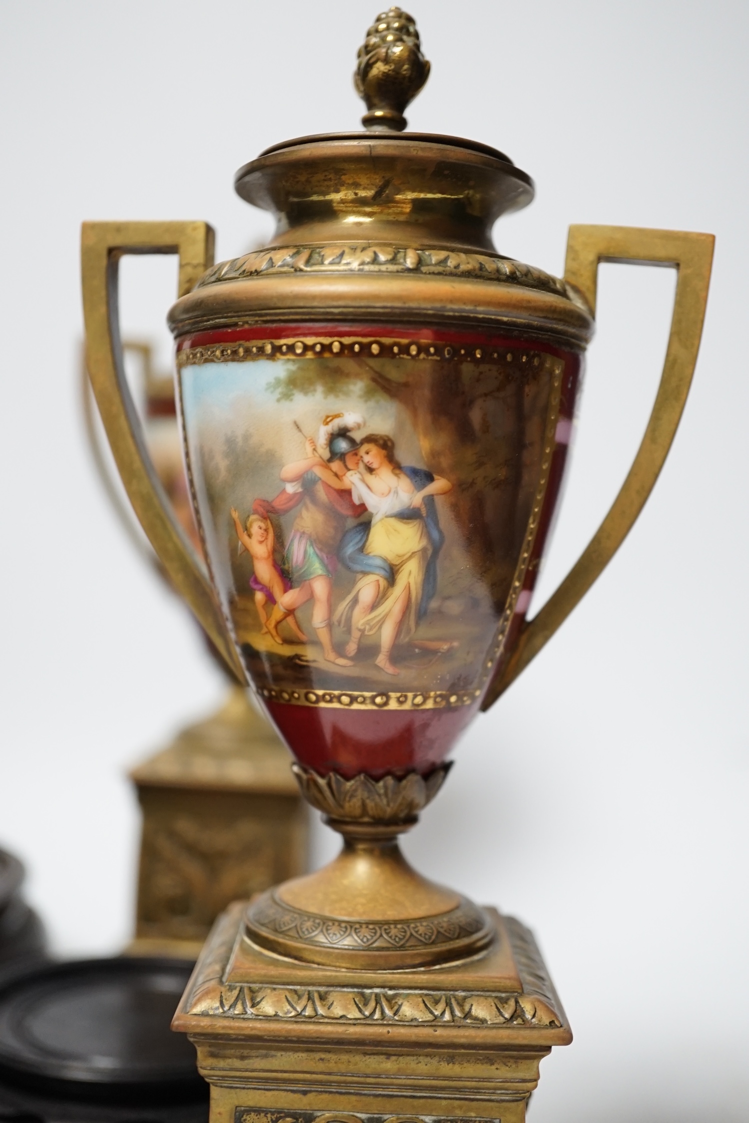 A pair of Vienna style brass mounted urns with enamelled classical scenes and six various Chinese - Image 3 of 6