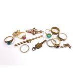 Sundry jewellery including a 22ct gold and synthetic ruby set ring, a 585 ring with cabochon