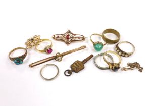 Sundry jewellery including a 22ct gold and synthetic ruby set ring, a 585 ring with cabochon