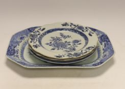 A Chinese blue and white meat plate and three plates, 18th century, meat plate 35cm wide