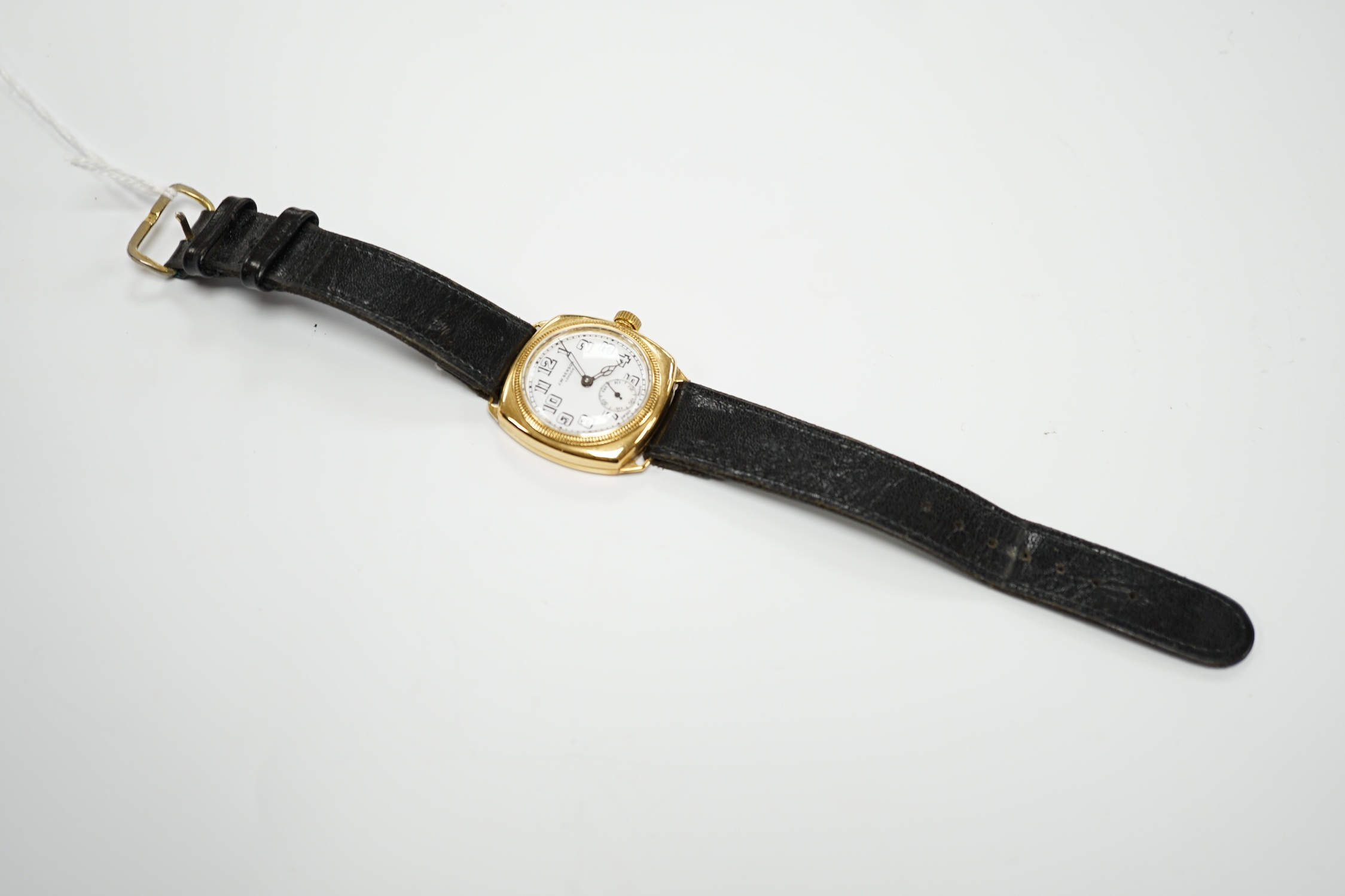 A gentleman's yellow metal J.W. Benson manual wrist watch, with Arabic dial and subsidiary - Image 4 of 6