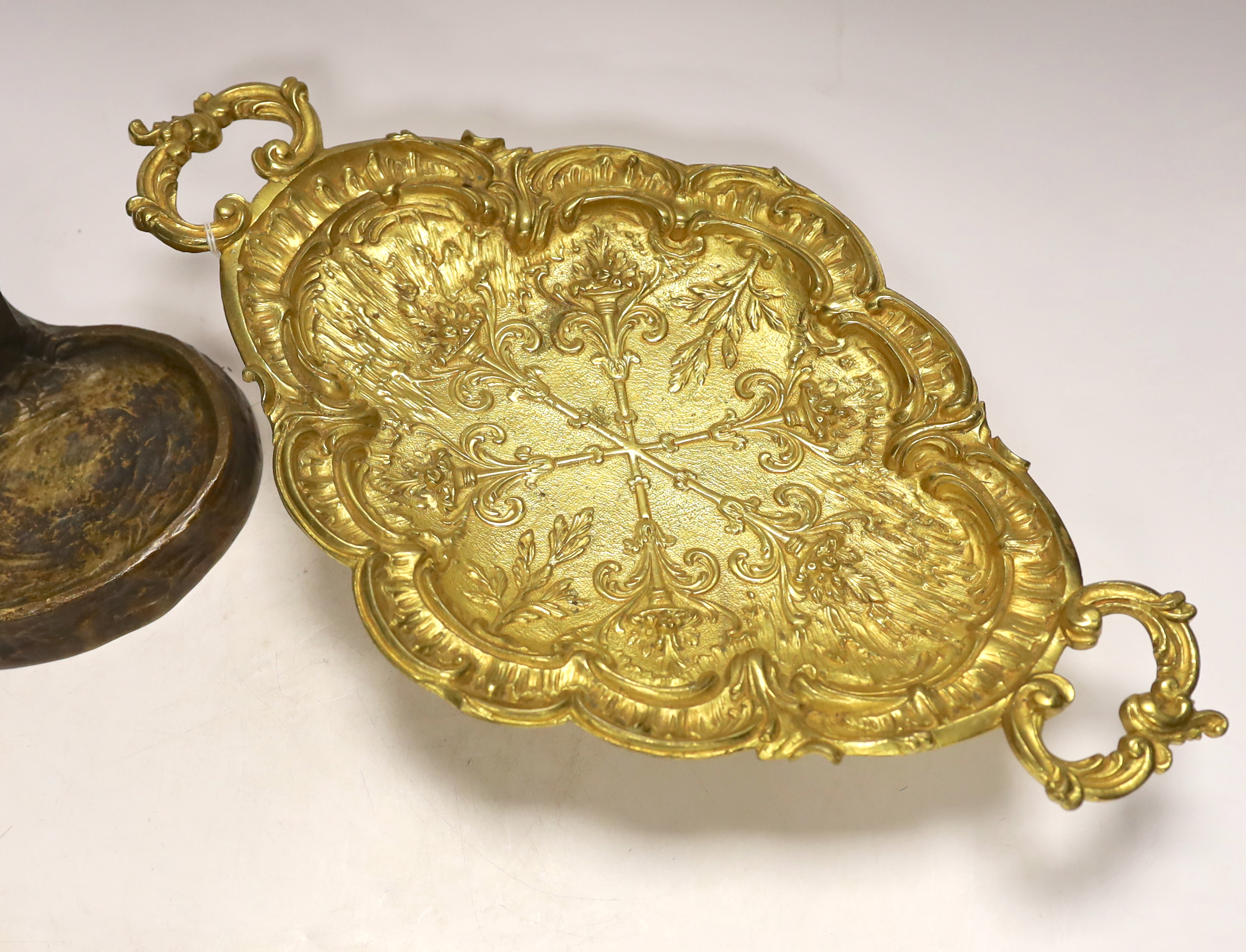 A gilt metal oval dish with twin handles and match tray, 43cm wide - Image 4 of 6