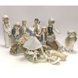 Ten Lladro and Nao figures including a short eared owl and a girl with braids, largest 26cm high