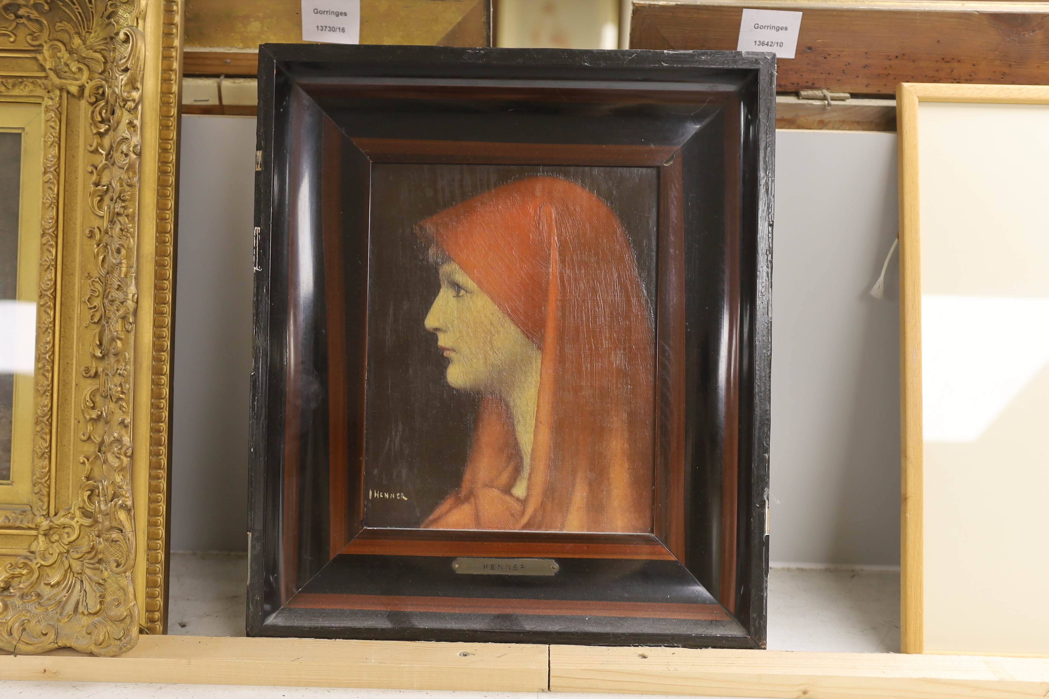 After Jean Jacques Henner (1829-1905), oil on canvas, 'Woman in red', bears signature, 24 x 19cm, - Image 2 of 2