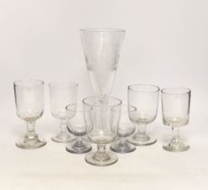 Eight 19th century drinking glasses including a large example with wrythen stem, etched with a naval