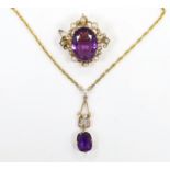 A 1960's 9ct gold, amethyst, seed pearl and diamond chip set drop pendant, 35mm, on a 9ct gold