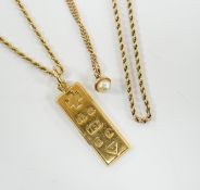 An 18ct gold ingot pendant on an 18k chain, 26.7 grams and two 9ct chains, one with cultured pearl