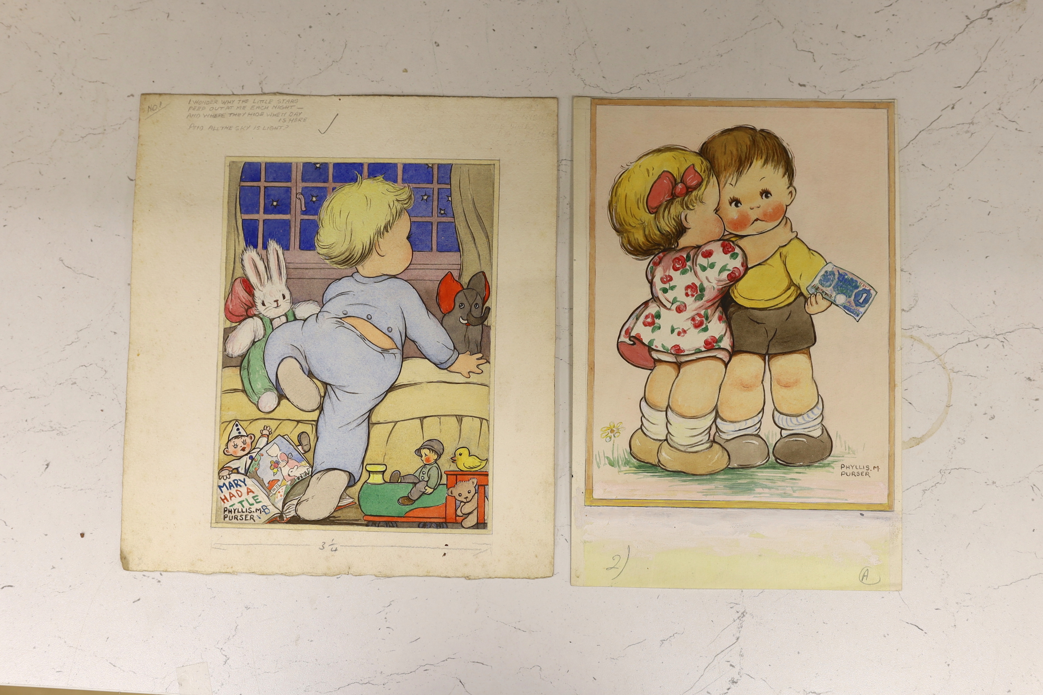 Phyllis Purser (1893-1990), six original watercolours on card for postcard designs, Humourous - Image 3 of 4