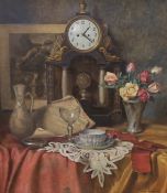 Franz Krischke (Austrian, 1885-1960), oil on board, Still life of flowers, vessels and mantel clock,