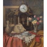 Franz Krischke (Austrian, 1885-1960), oil on board, Still life of flowers, vessels and mantel clock,