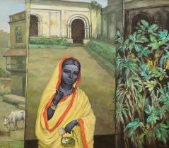 Isha Mahammad (Indian, b. 1933), oil on canvas, 'Departing Lakshmi', signed and dated ‘97, inscribed
