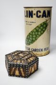A Ceylonese porcupine quill box and a large adverting tin for Lin-Can Fresh Garden Peas, tin 37cm