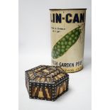 A Ceylonese porcupine quill box and a large adverting tin for Lin-Can Fresh Garden Peas, tin 37cm