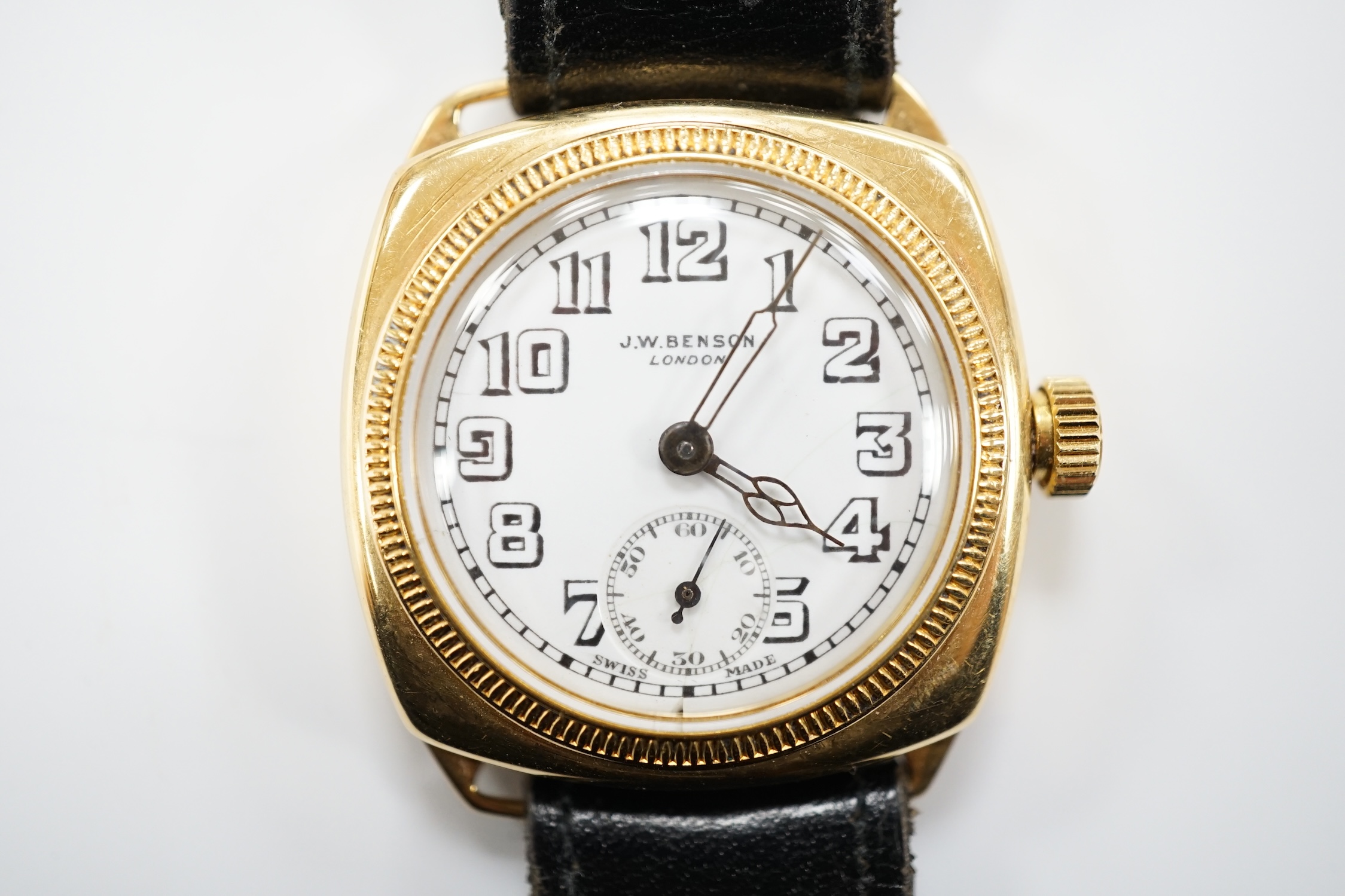 A gentleman's yellow metal J.W. Benson manual wrist watch, with Arabic dial and subsidiary - Image 2 of 6