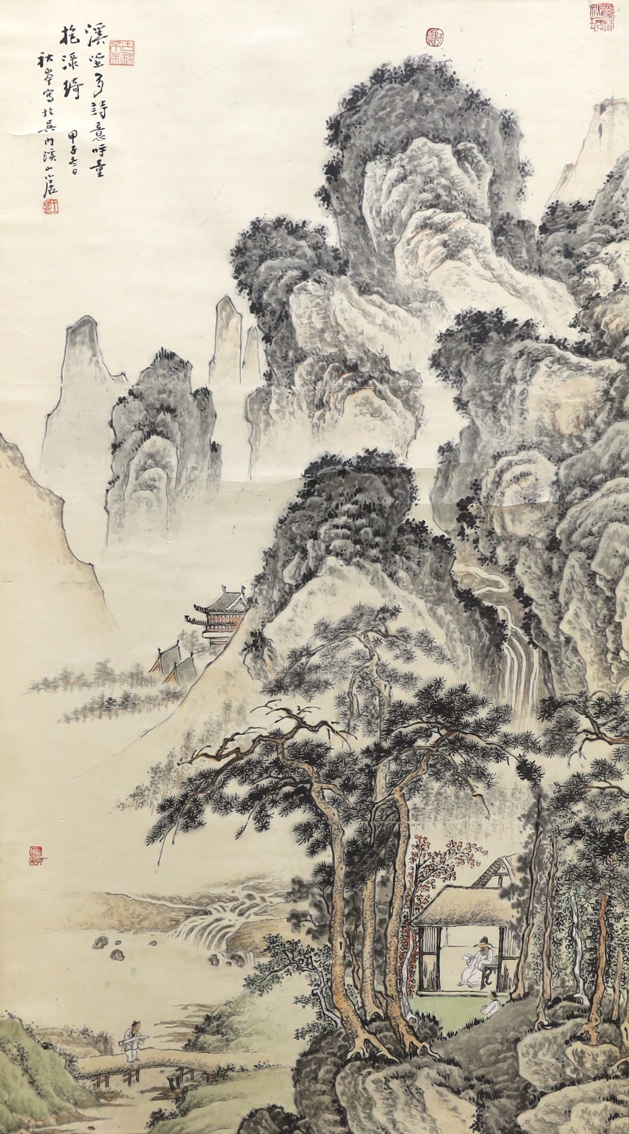 A Chinese painted scroll of a mountain scene, 182cm long