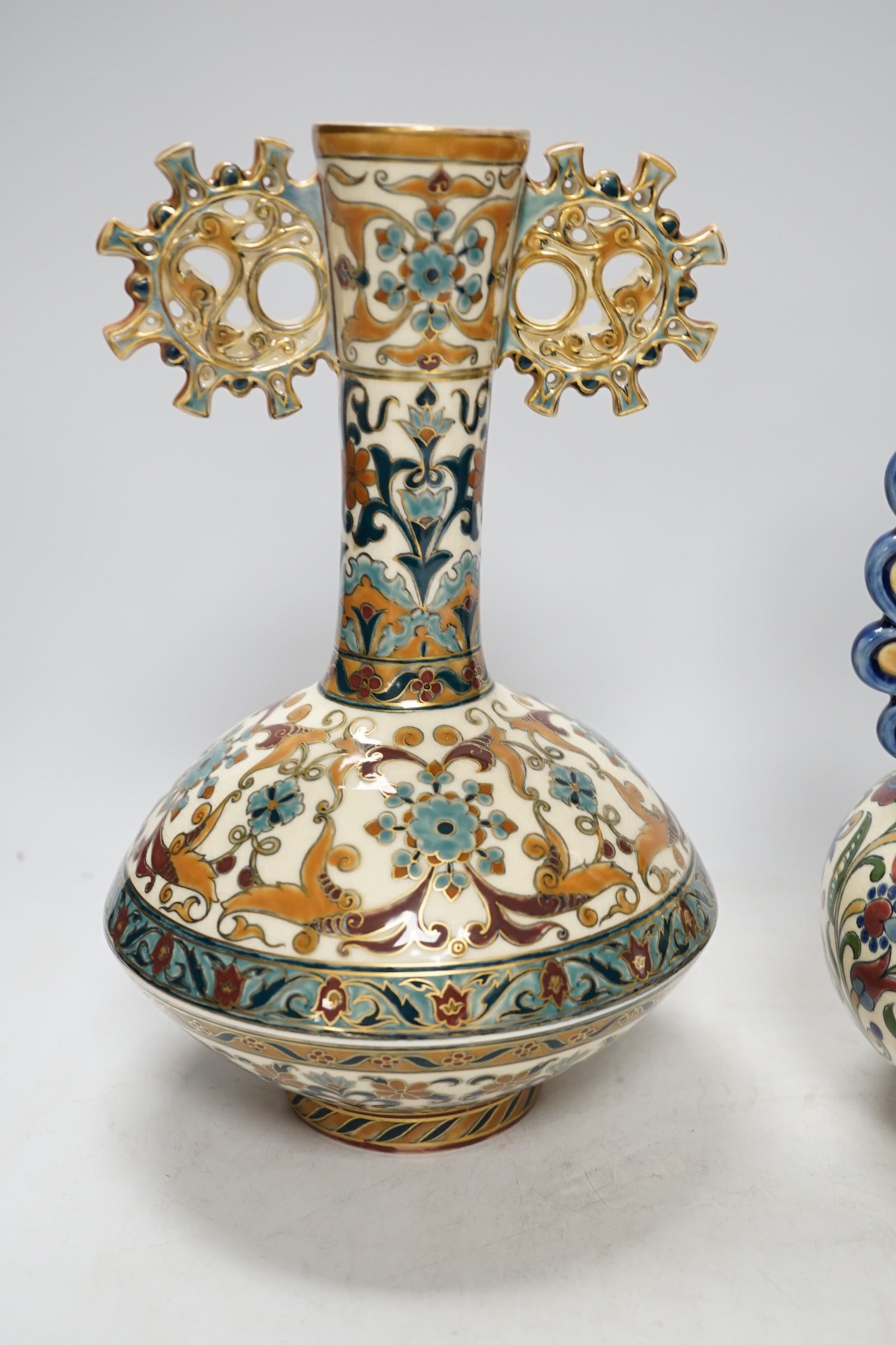 Two Hungarian Zsolnay vases, each with pierced decoration, largest 28cm high - Image 2 of 5