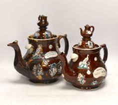 A late 19th century Measham barge ware teapot and cover, 31.5cm high, together with a reproduction