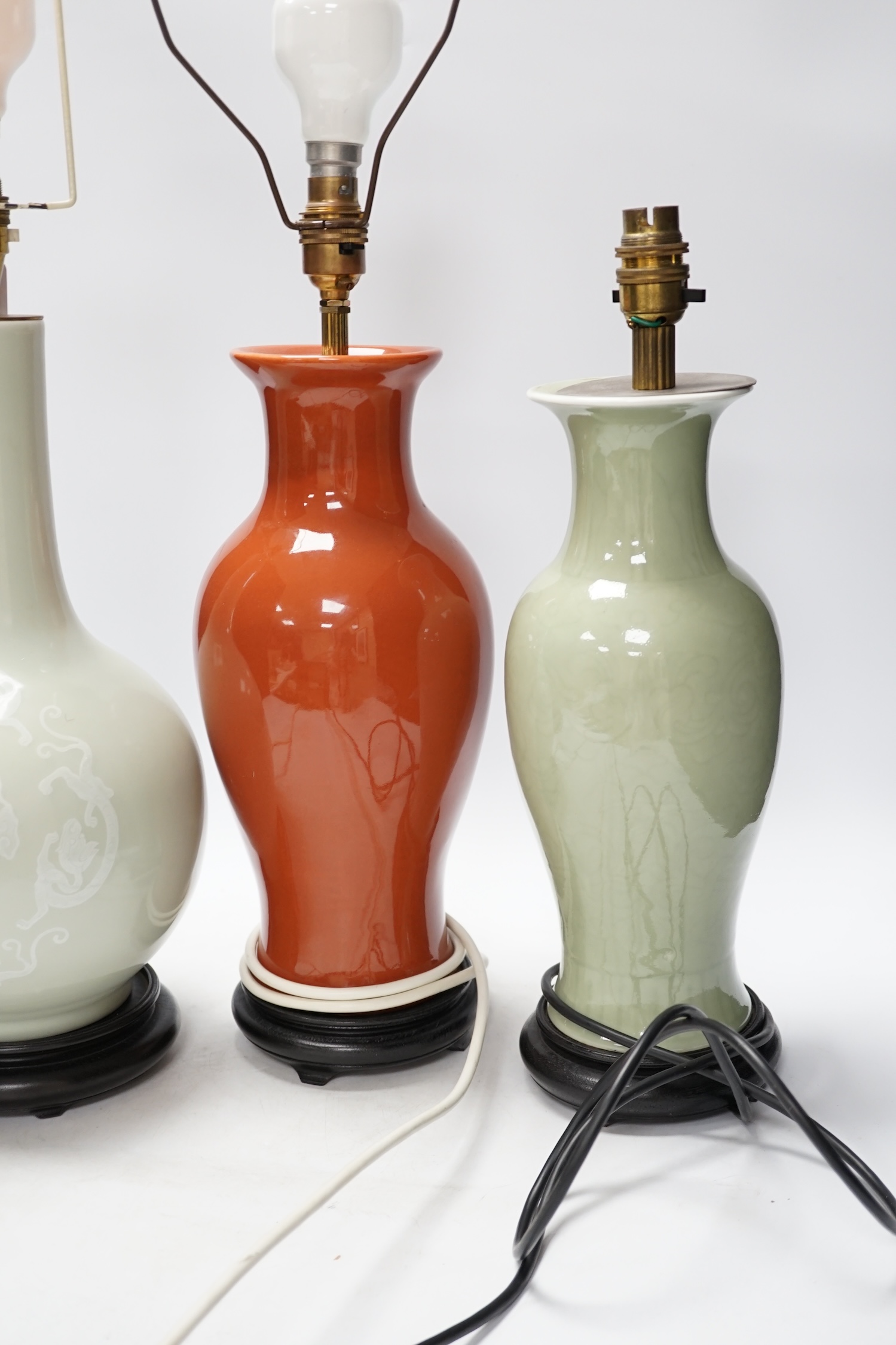 Three Chinese monochrome porcelain lamp bases, 20th century, tallest 38cm high - Image 5 of 5