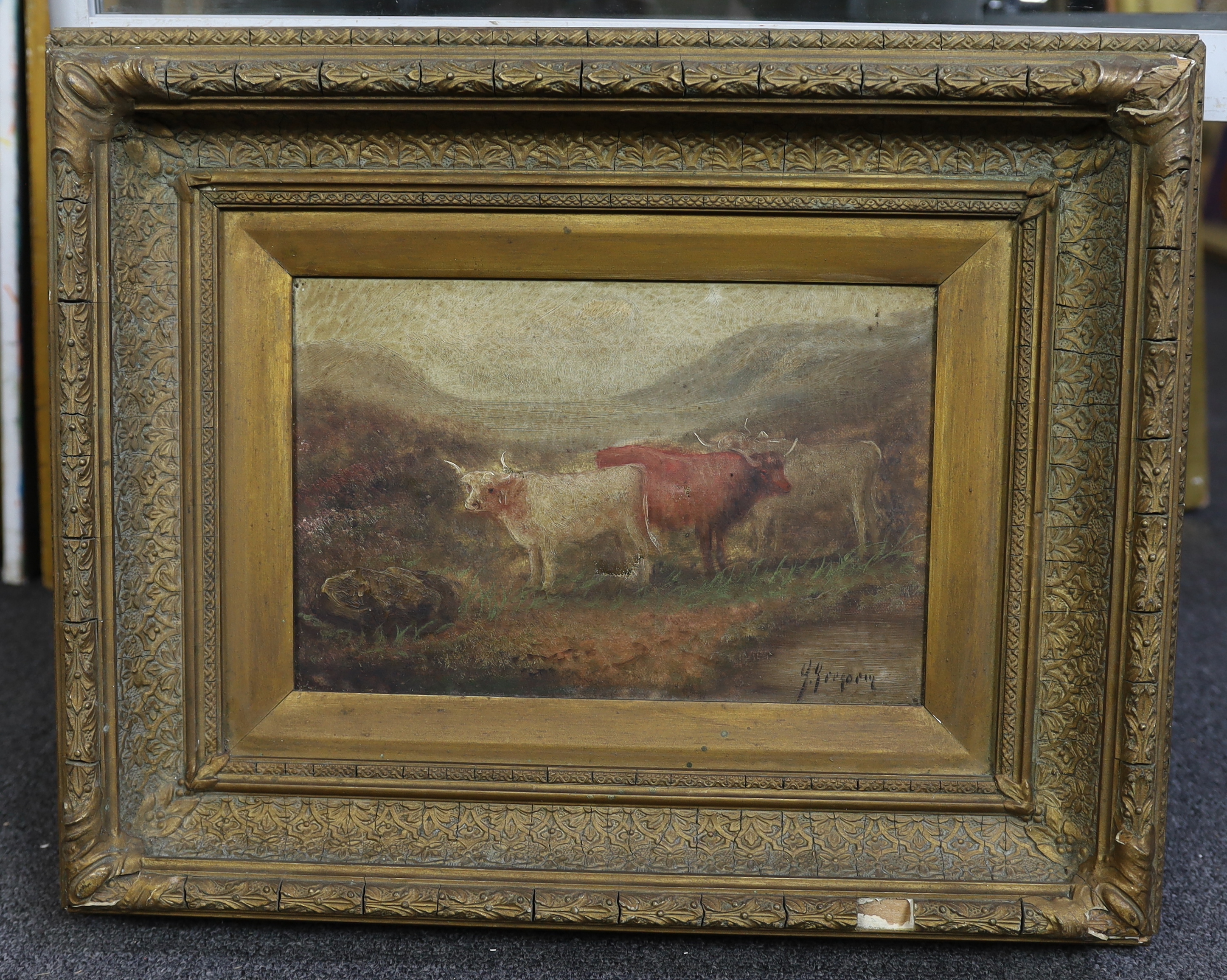 George Gregory (British, 19thC.), oil on canvas, Highland cattle in a landscape, signed, 20 x 29cm - Image 2 of 4