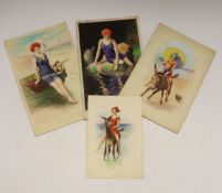 Charles Thomas Howard (1865-1942) four original watercolours on card for postcard designs, Bathing