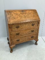 A Queen Anne Revival burr walnut bureau, width 76cm, depth 43cm, height 96cm