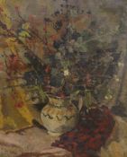 Gwen Cave, oil on canvas, Still life of flowers in a jug, signed, unframed, 61 x 51cm