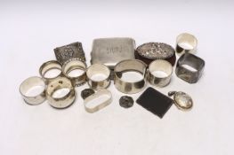 Sundry small silver including napkin rings, cigarette case, buttons, etc. and a WMF Art Nouveau