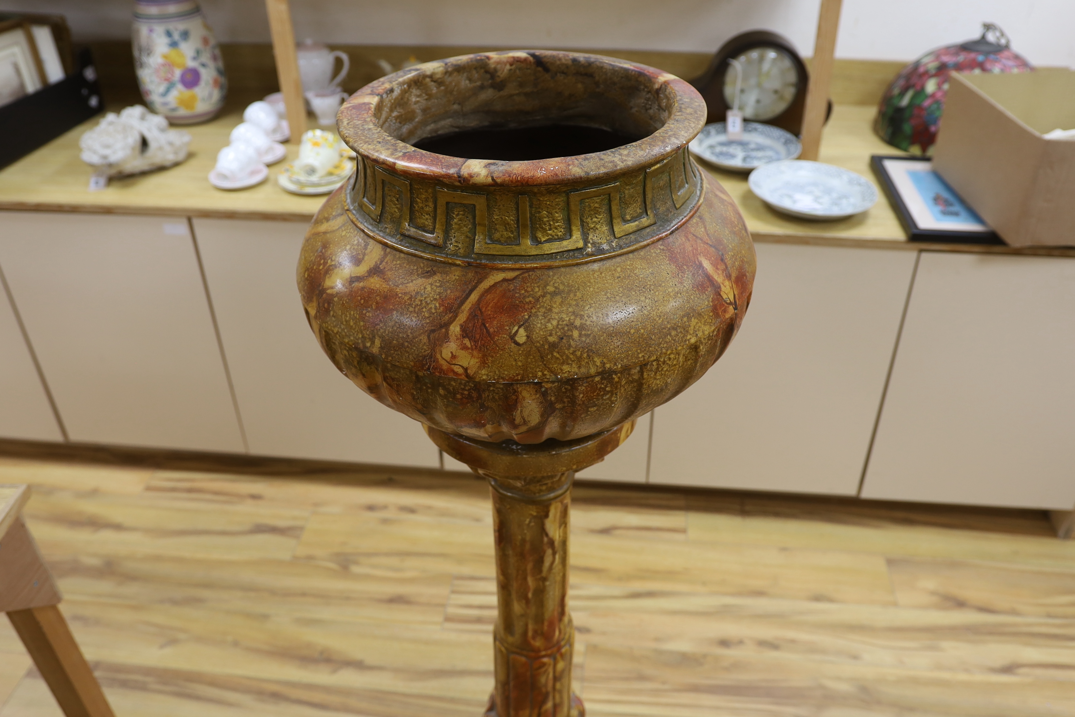 A large faux marble pottery jardiniere on stand, 126cm total height - Image 3 of 3