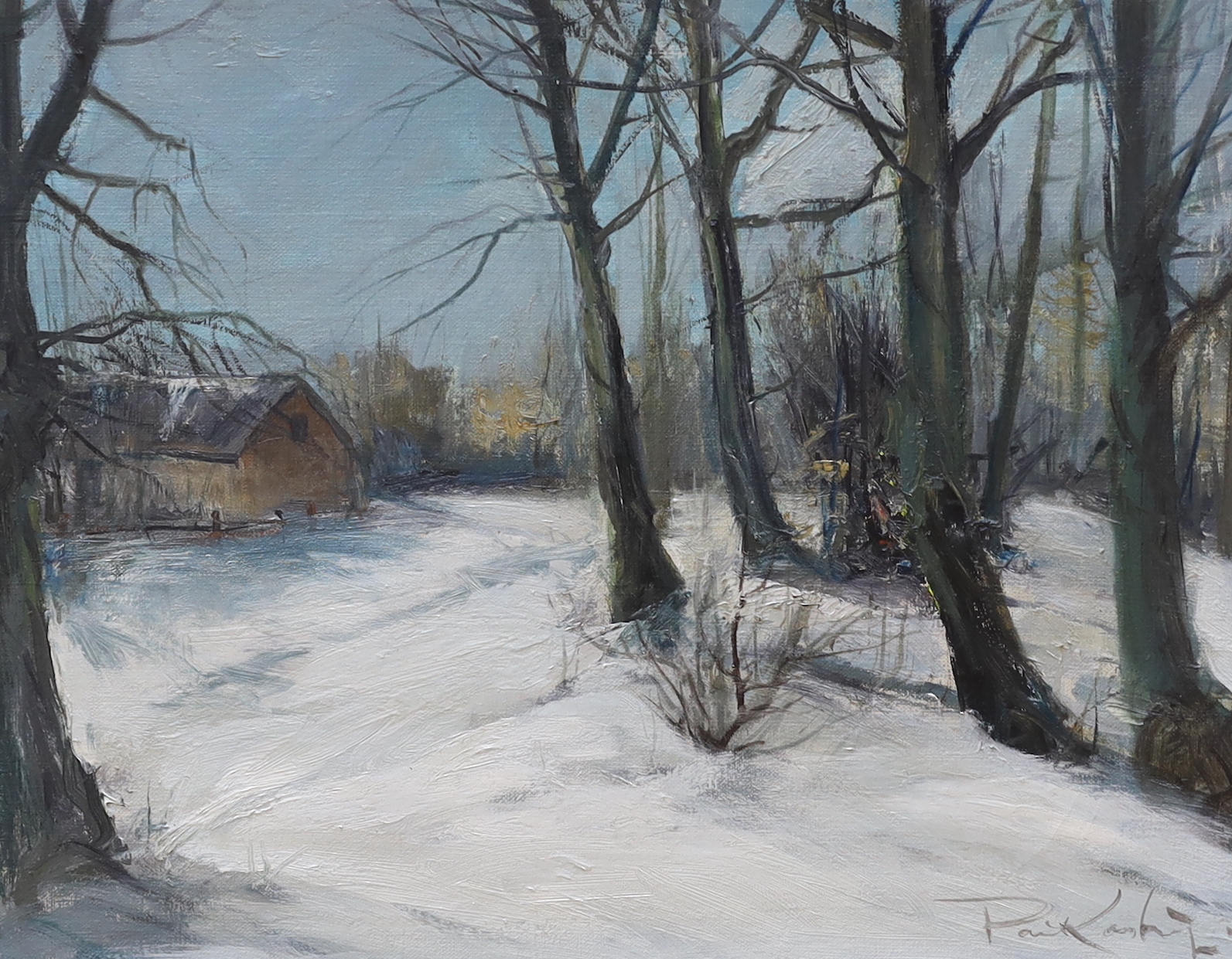 Poul Kastrup (Danish, 1920-1987), oil on canvas, Snowy winter landscape, signed, 34 x 43cm, gilt
