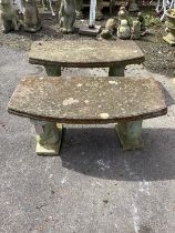 A pair of reconstituted stone garden bench seats, width 85cm, depth 40cm, height 37cm