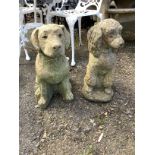 Two reconstituted stone seated dog garden ornaments, larger height 50cm