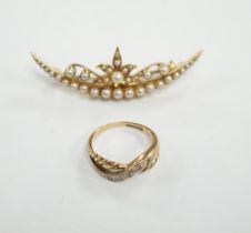 A yellow metal and seed pearl cluster set crescent shaped brooch, 48mm and a 9ct gold and cubic