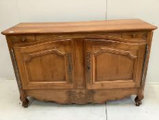A Louis XV style carved cherry two door buffet, width 151cm, depth 53cm, height 95cm