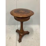 A 19th century French inlaid rosewood circular topped work table, diameter 50cm, height 74cm