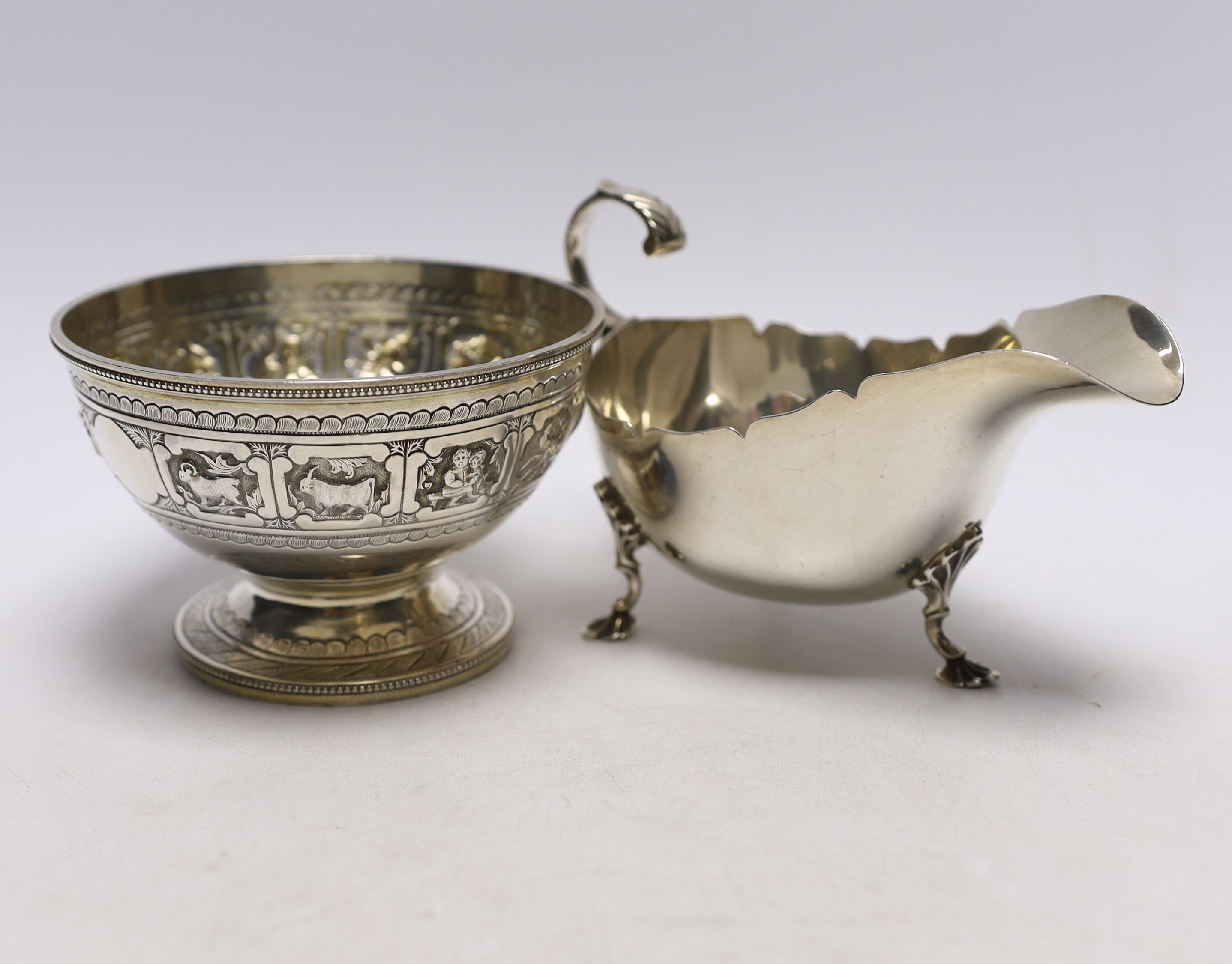 A Victorian silver 'Zodiac' pedestal bowl, by Frederick Elkington. London, 1881, diameter 12.4cm and